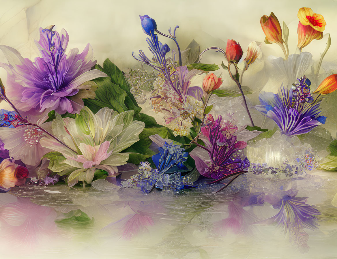Colorful Flower Arrangement with Water Reflection and Soft-focus Background