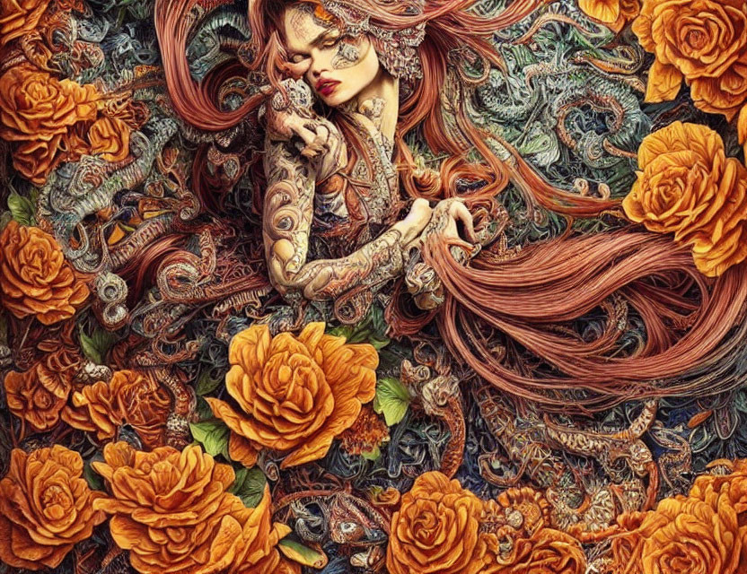Intricate artwork featuring woman with flowing hair and tattoos amid ornate floral patterns.