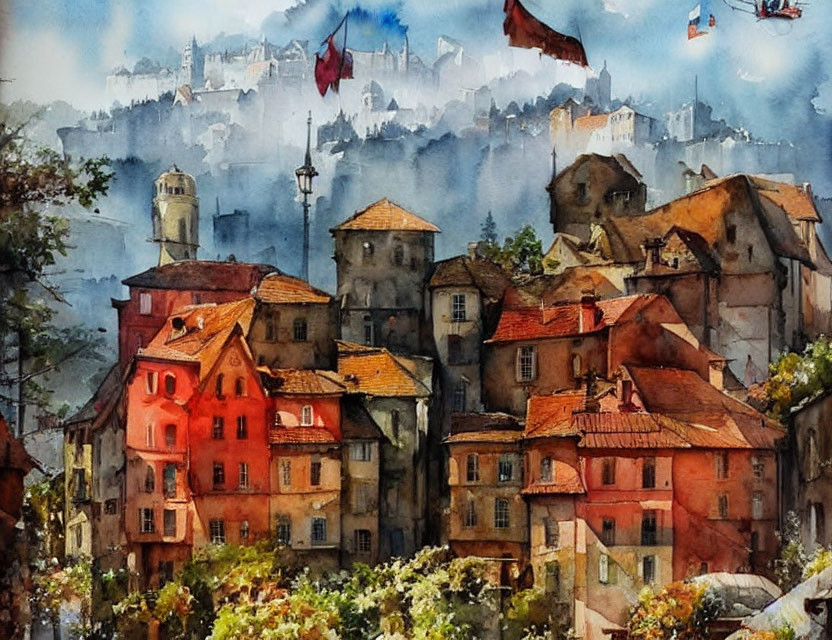 Colorful Watercolor Painting of European Townscape