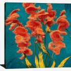 Vibrant red-orange flowers with intricate petals against lush green leaves on a deep blue cloud backdrop