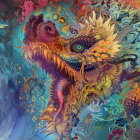 Colorful Dragon Artwork Surrounded by Blooming Flowers