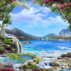 Fantasy landscape with whimsical structures, lush trees, undulating clouds, dreamlike castle, and