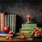 Colorful still life with books, candles, fruits, flowers, and cake display