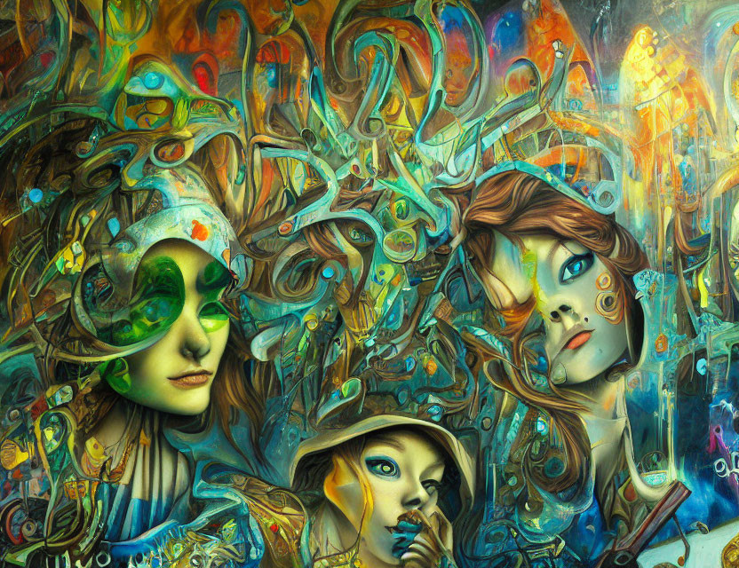 Abstract painting: Three female faces in colorful swirls