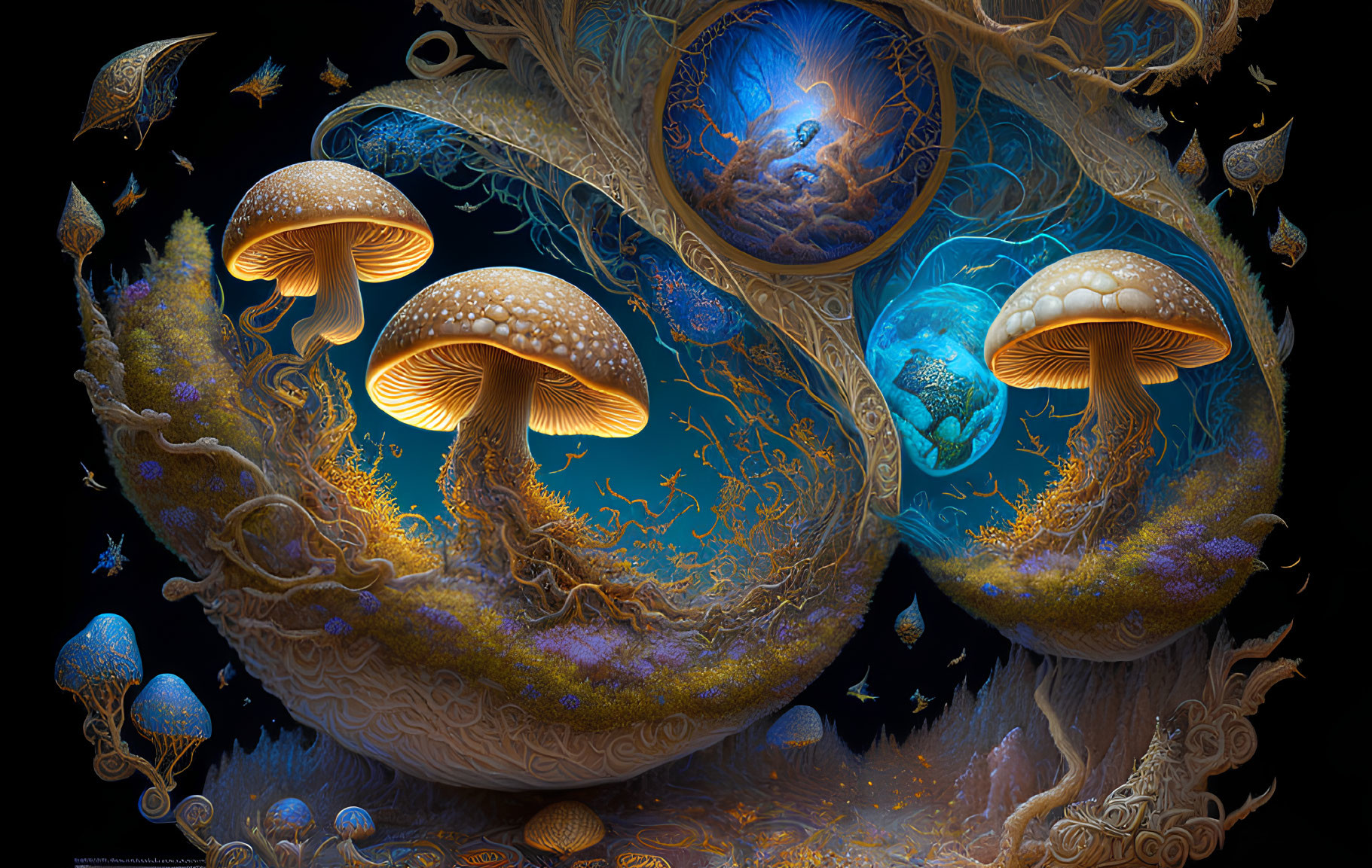 Fantasy Artwork: Luminescent Mushrooms in Cosmic Setting