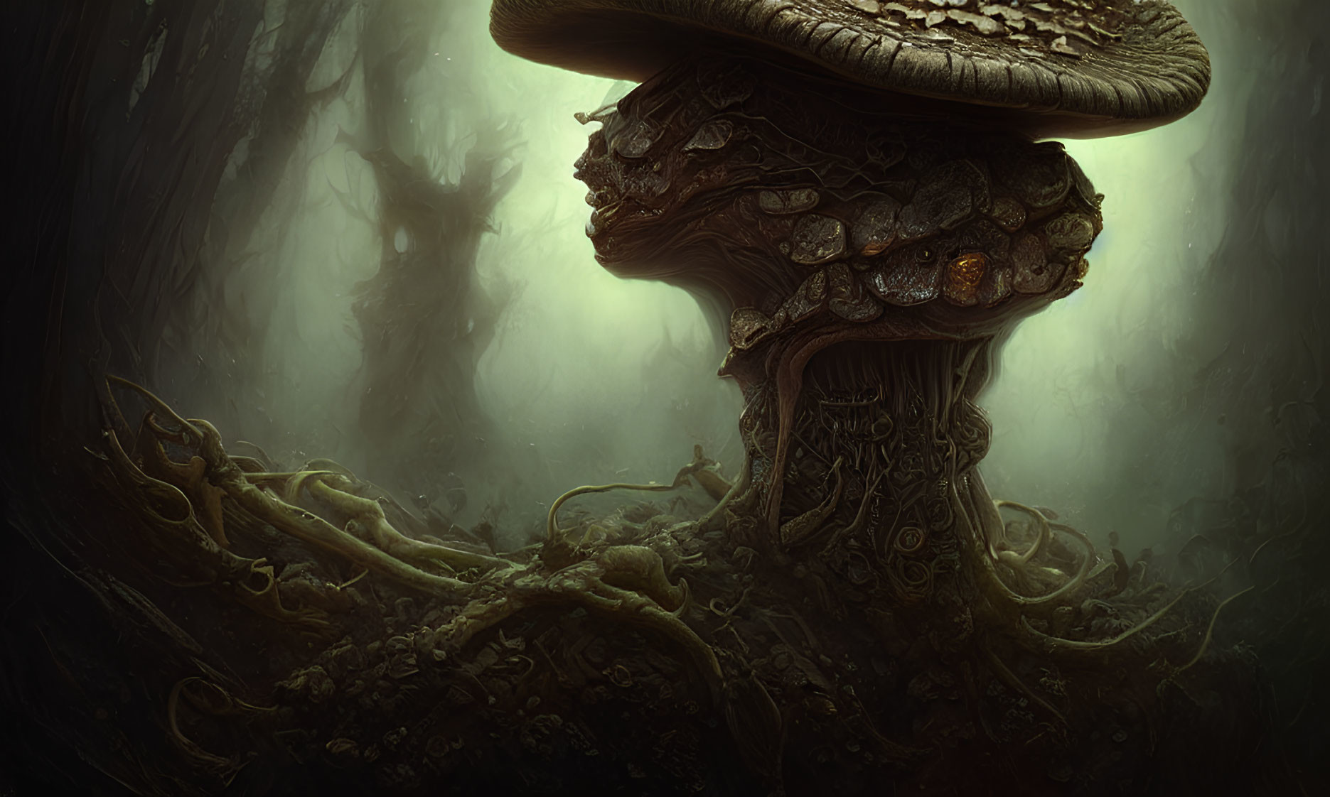 Ethereal forest scene with mystical mushroom structure and twisted vines