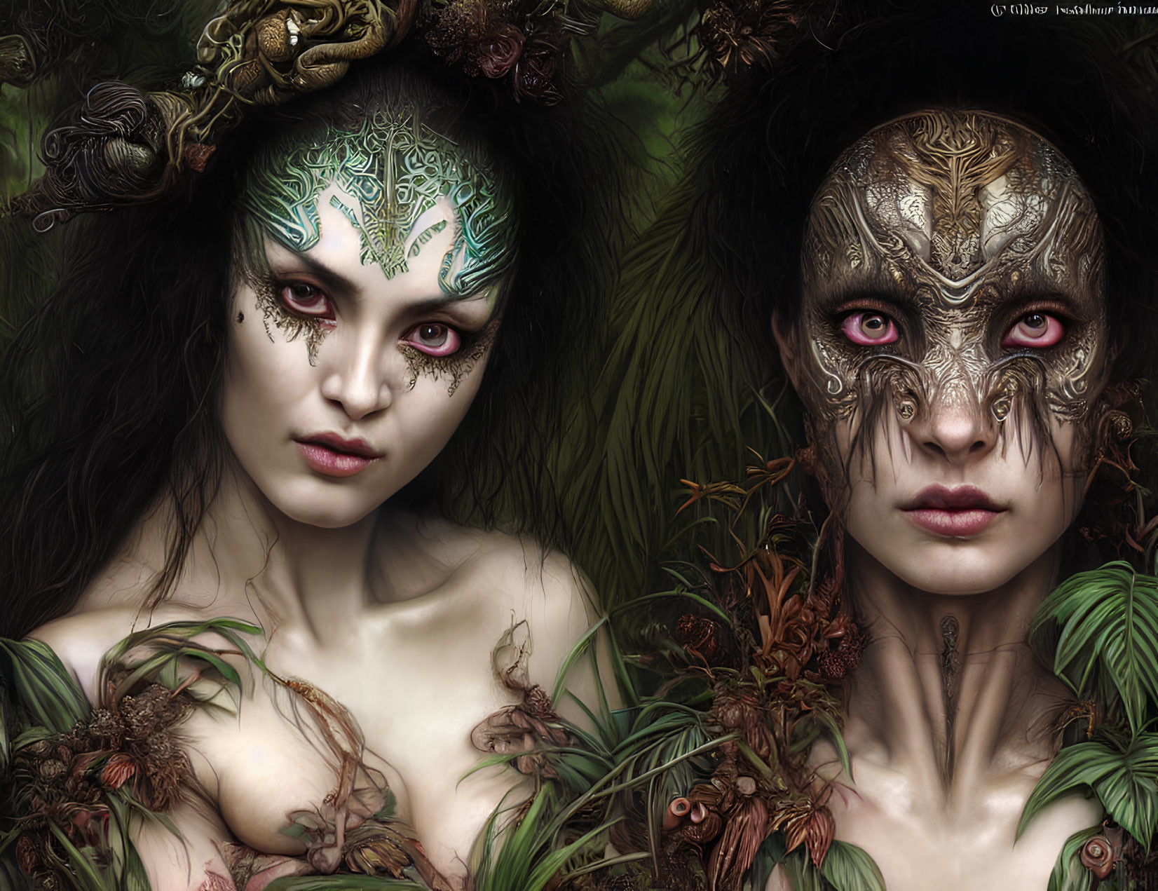 Fantasy figures with intricate face paint and natural decorations.