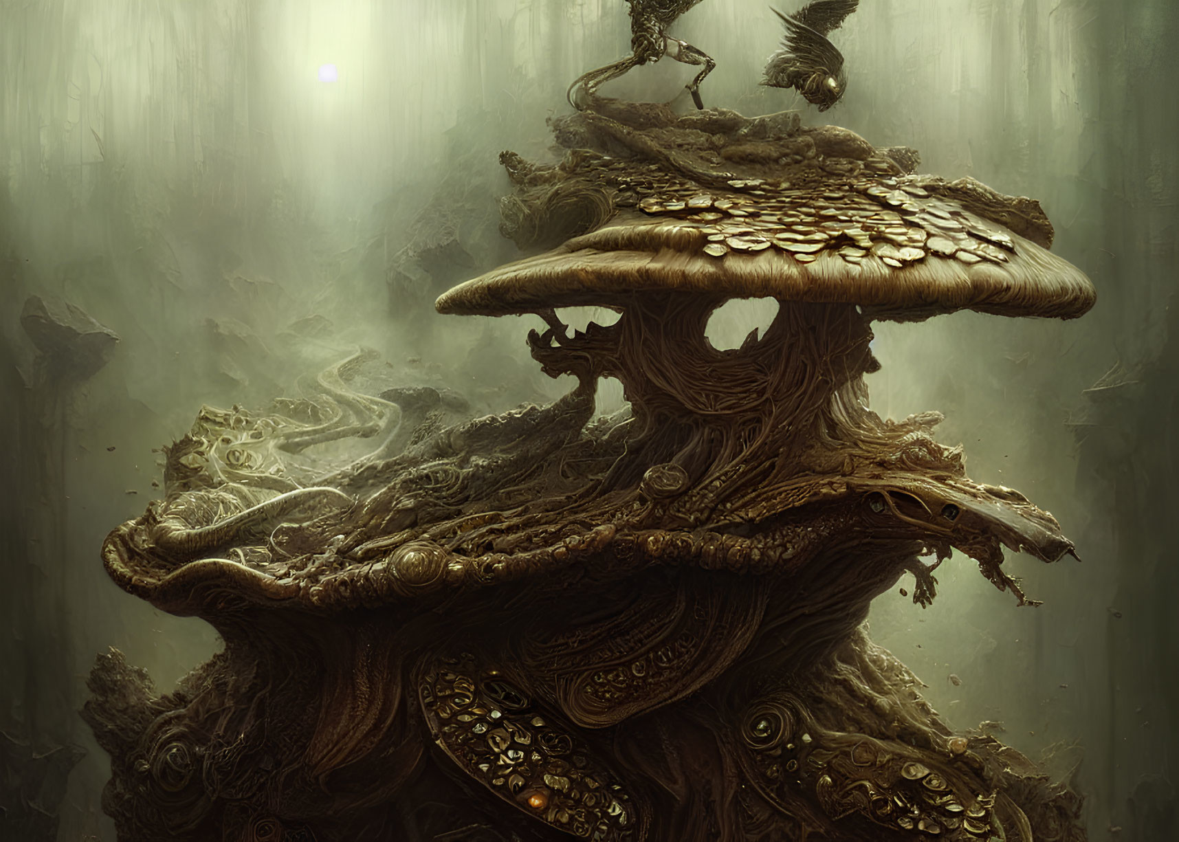 Ethereal forest scene with intricate mushroom structure and crow in misty surroundings