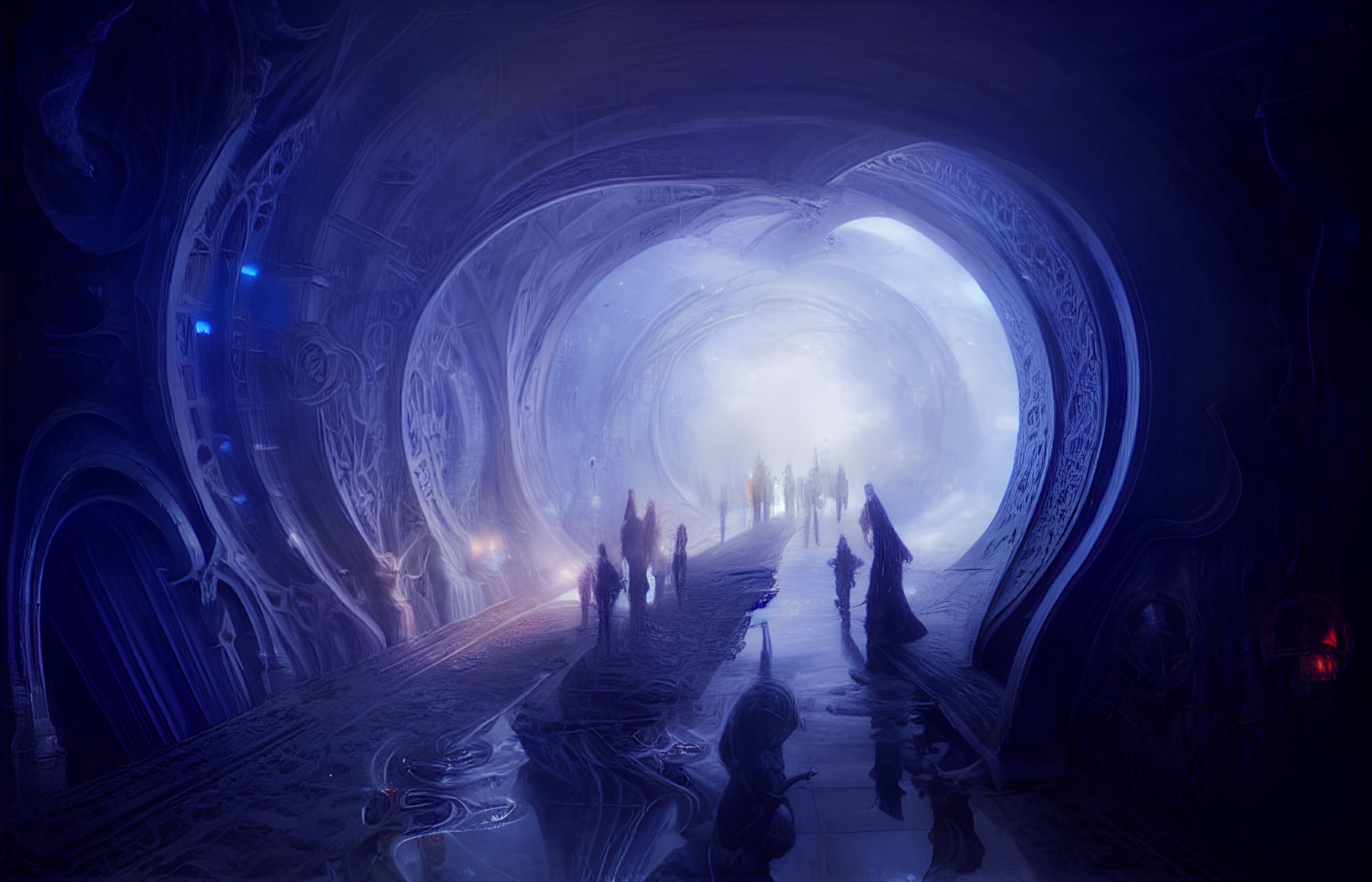 Mystical cavern with shadowy figures and snowy landscape