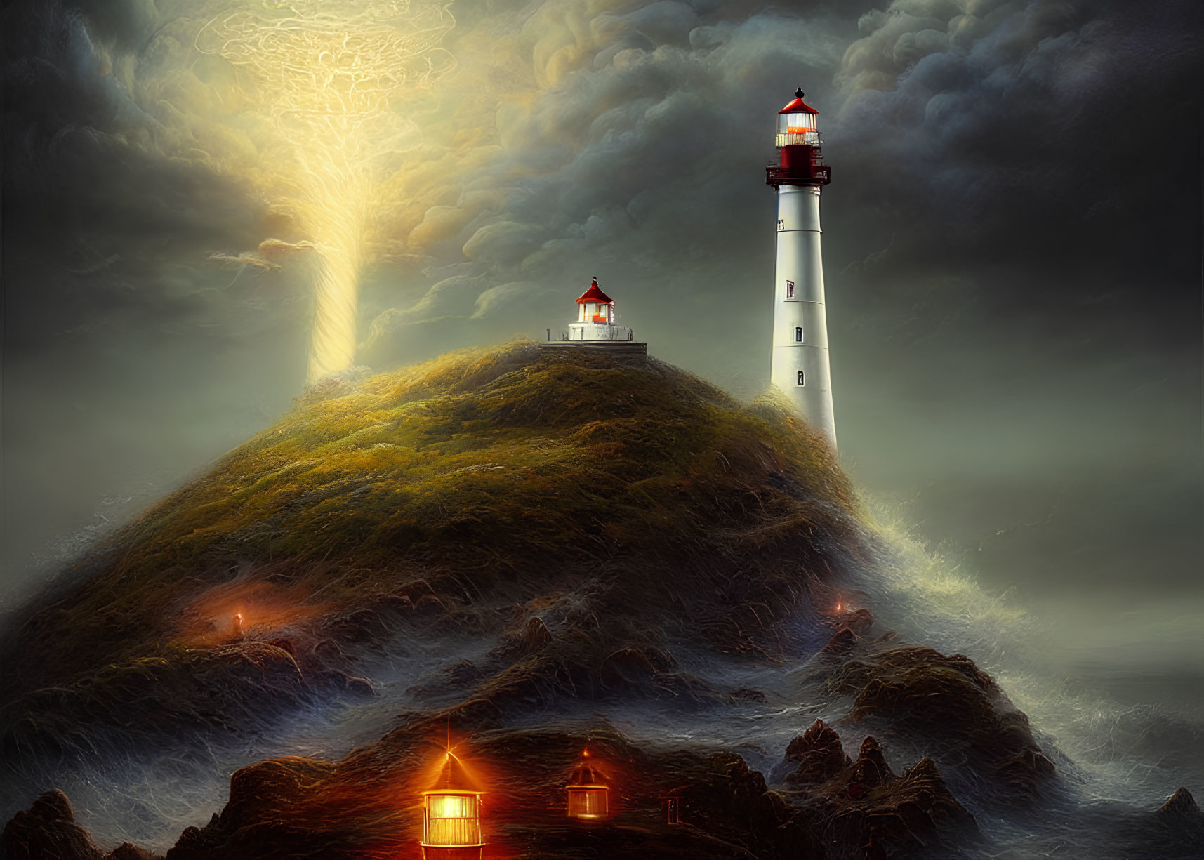 Lighthouse on lush hill in stormy seas with glowing sky patterns