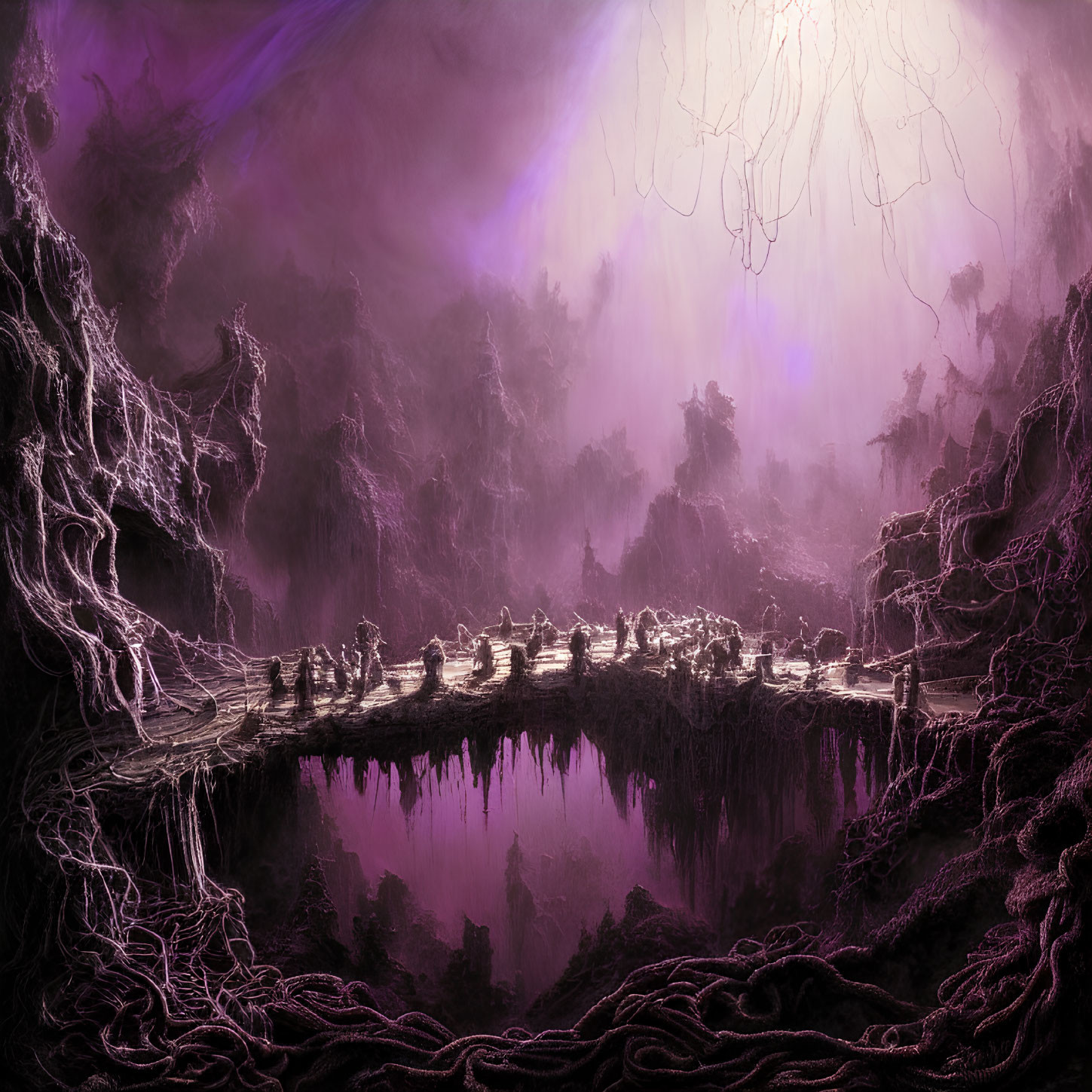 Mystical underground landscape with glowing purple hue and illuminated village surrounded by gnarled tree roots