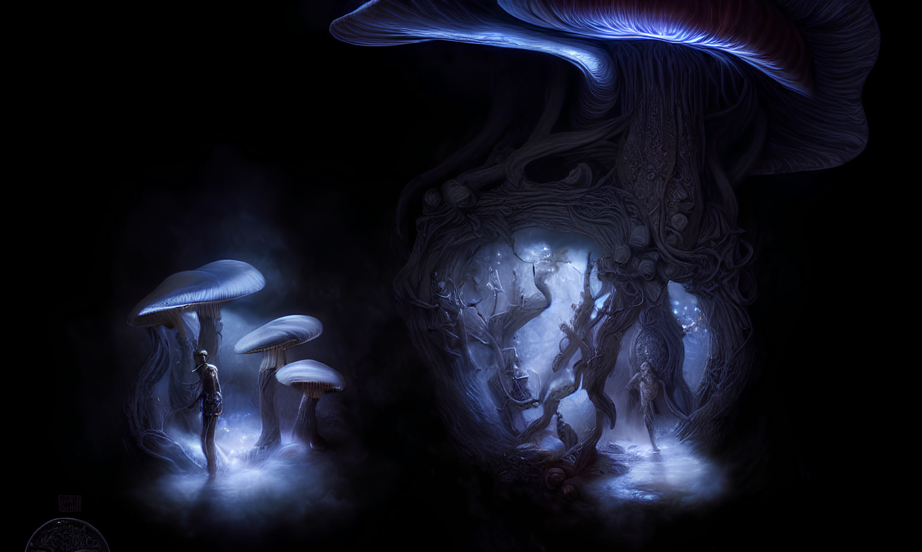 Enchanted forest with glowing mushrooms and figures