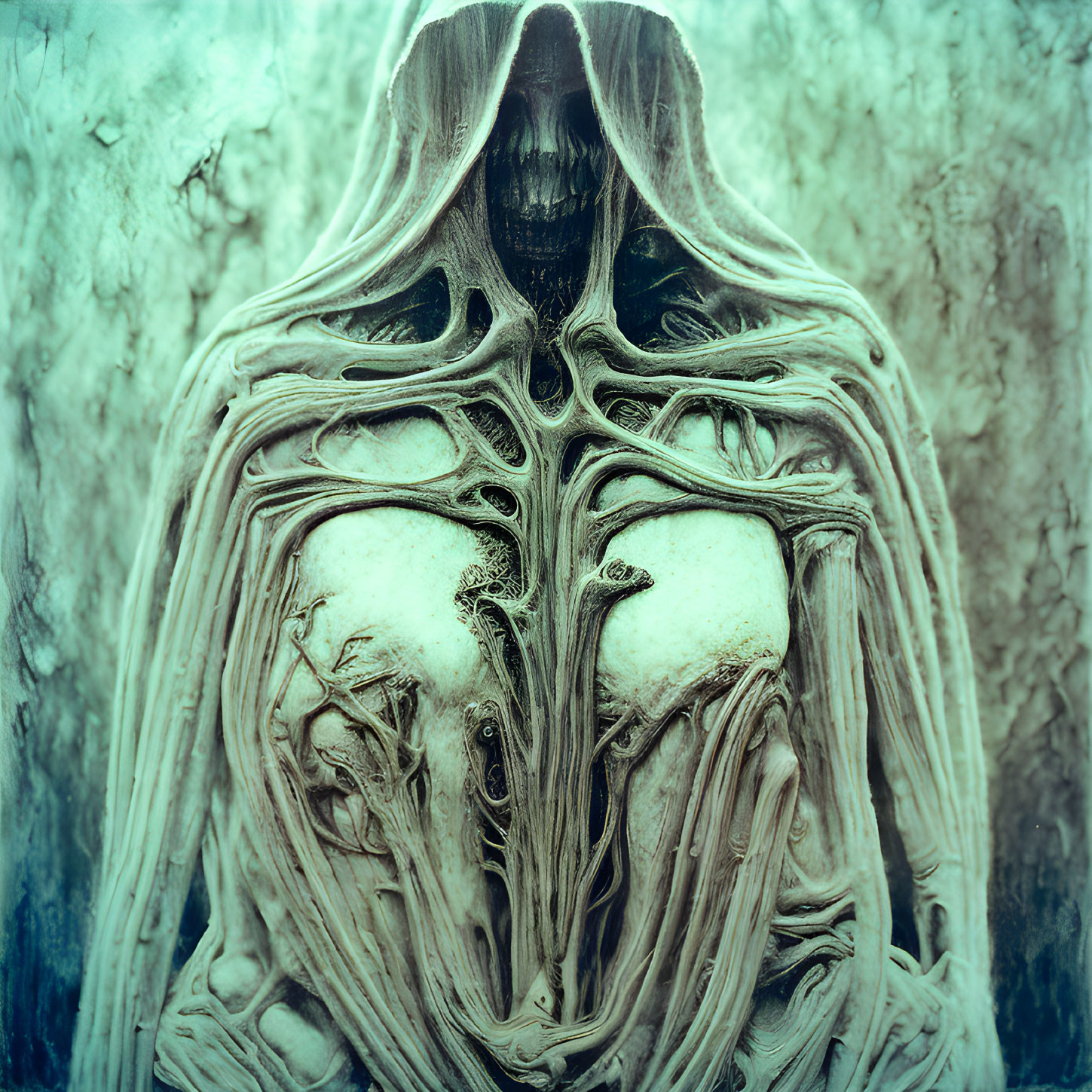 Hooded figure with root-like structures on chest against textured background.