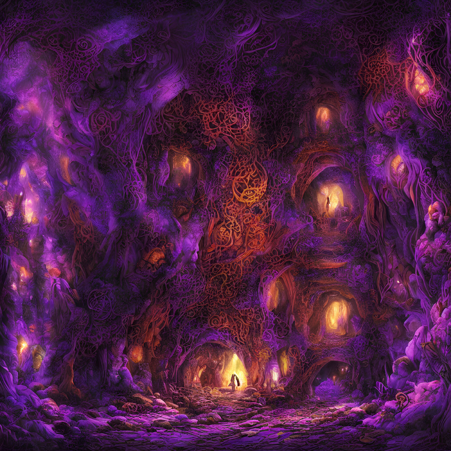 Vivid Purple and Orange Glowing Cavern with Organic Patterns