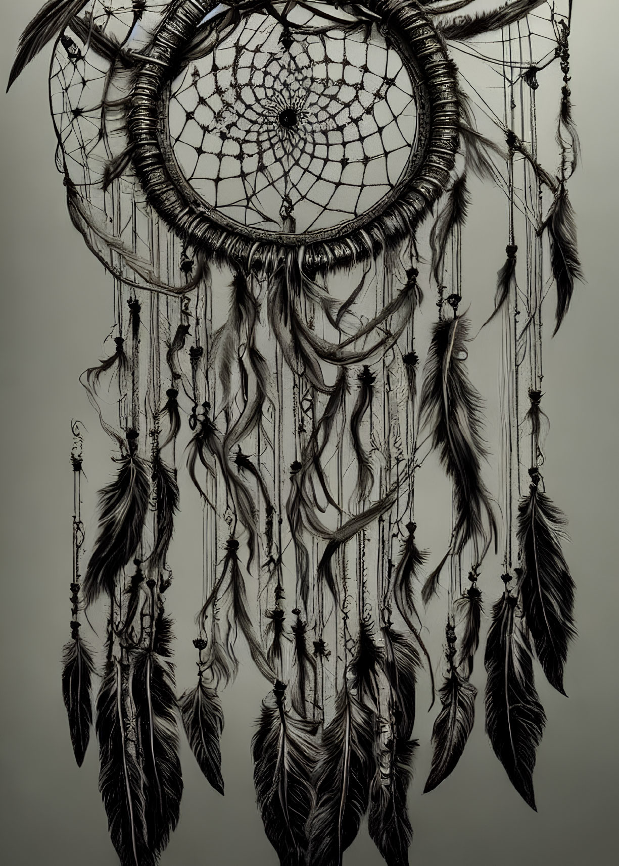 Intricate Dreamcatcher with Feathers and Beads on Light Background