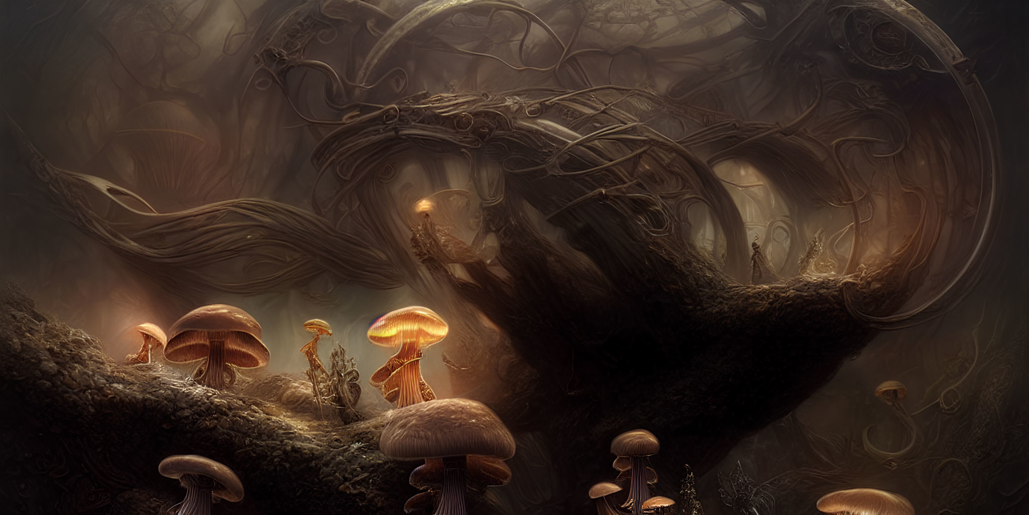 Enchanting forest scene with glowing mushrooms and misty backdrop