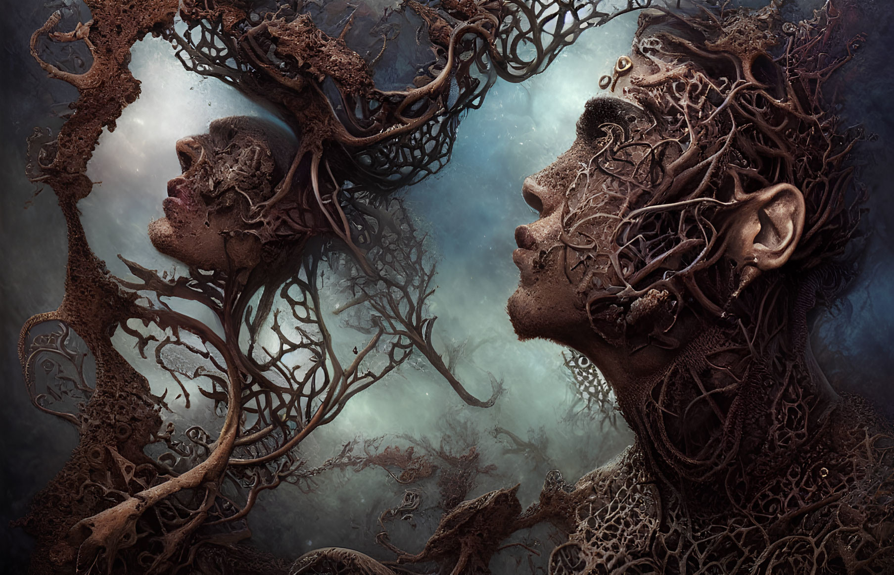 Surreal artwork: Two faces with tree-like structures and misty background