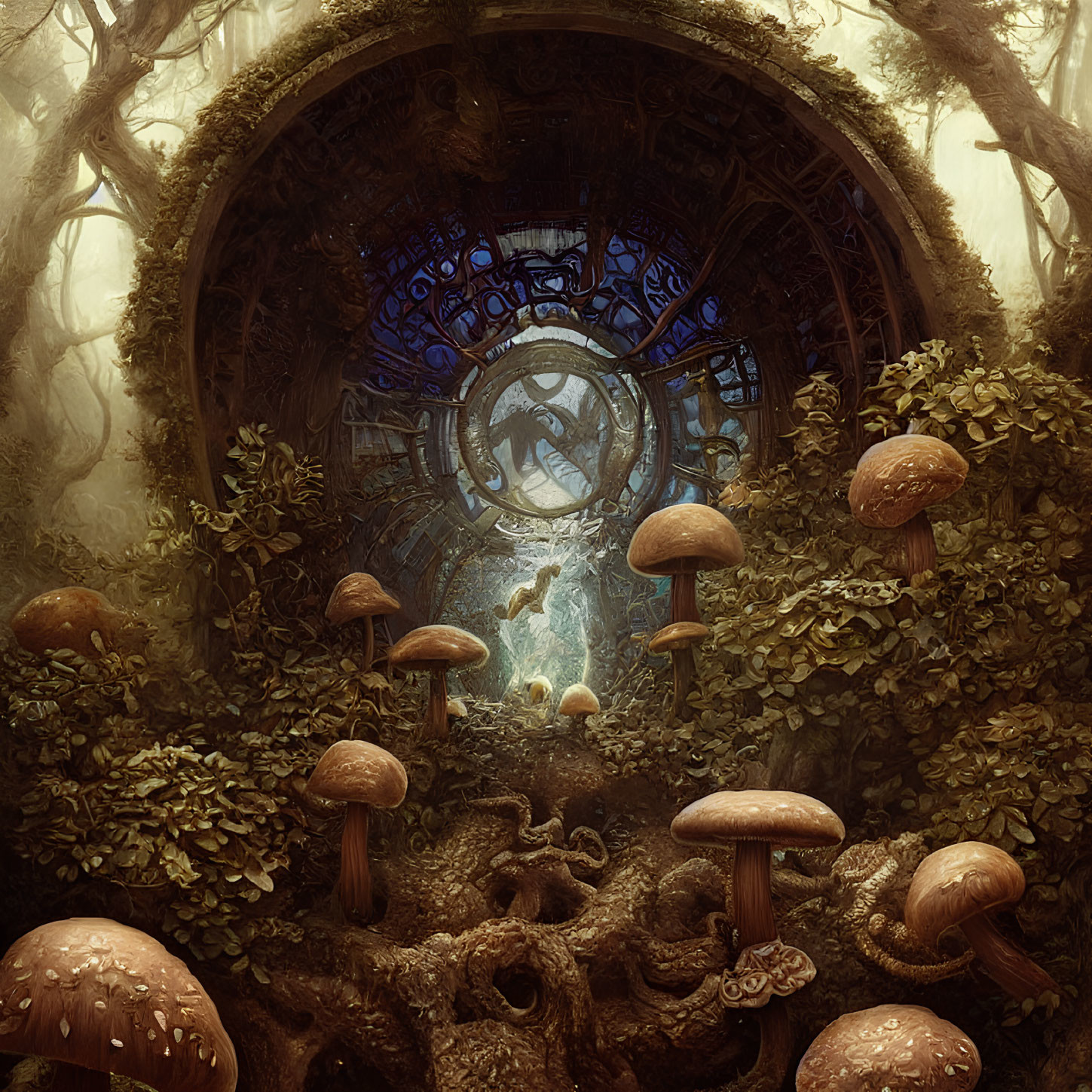 Enchanting forest scene with large mushrooms and circular gateway to mysterious mechanical structure