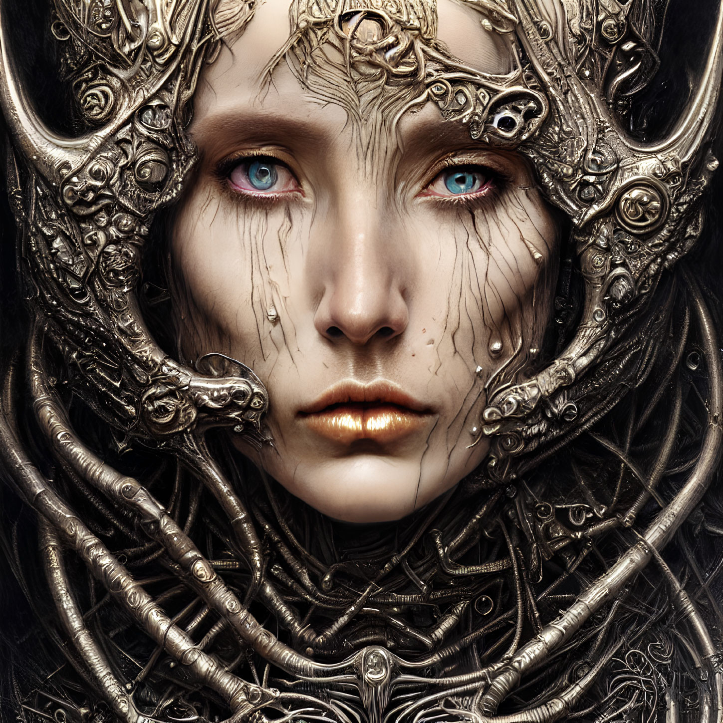 Fantasy portrait featuring metallic headpiece, blue eyes, and tear streaks