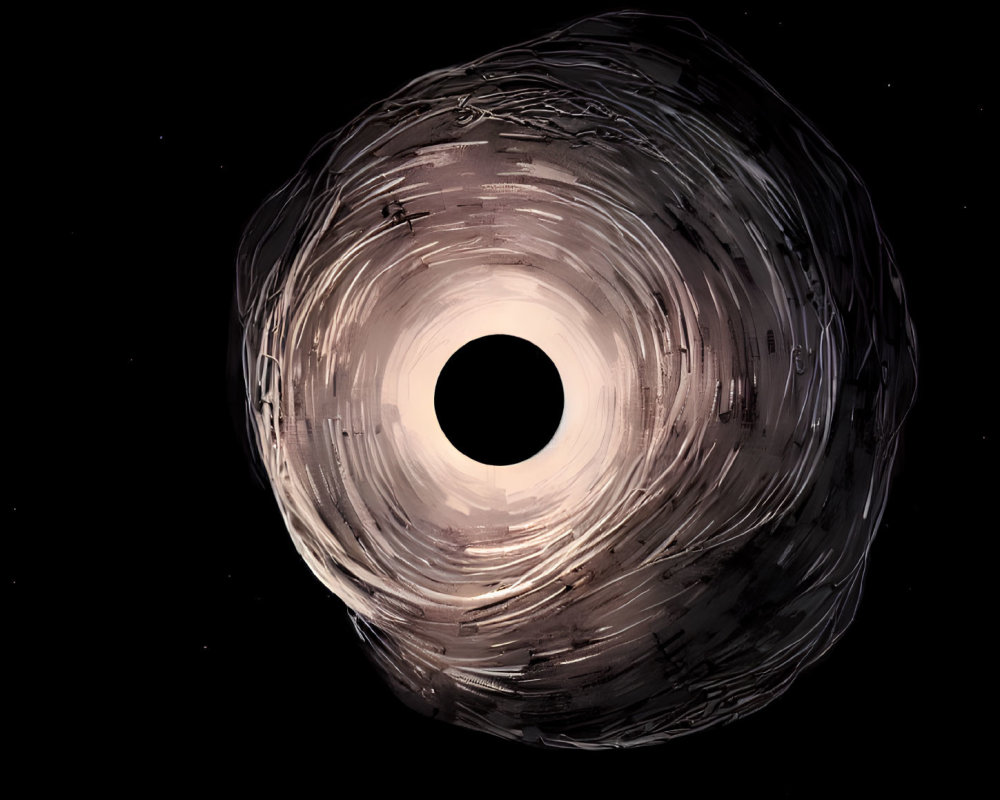 Digital illustration: Black hole with swirling accretion disk and event horizon in starry space.