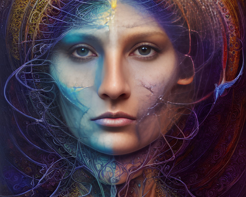 Colorful surreal portrait of a woman with glowing patterns on skin