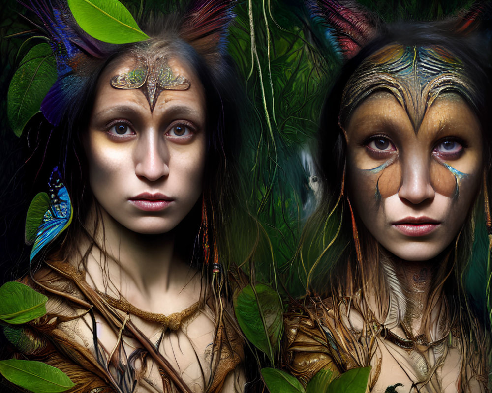 Fantasy-inspired makeup and costumes of forest creatures in lush greenery