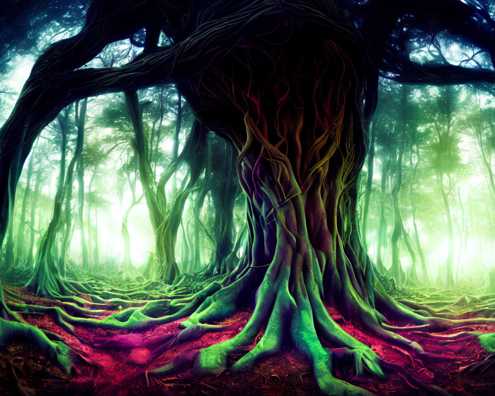 Mystical forest scene with large gnarled tree and ethereal lighting