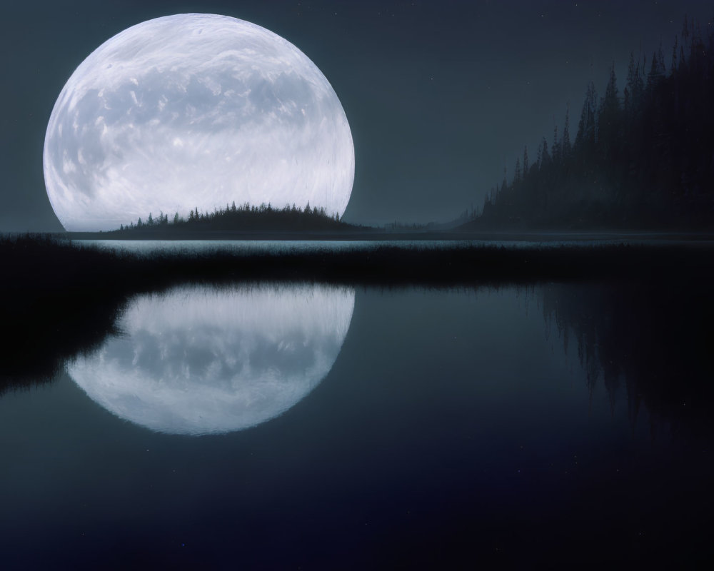 Tranquil Night Landscape with Full Moon Over Lake