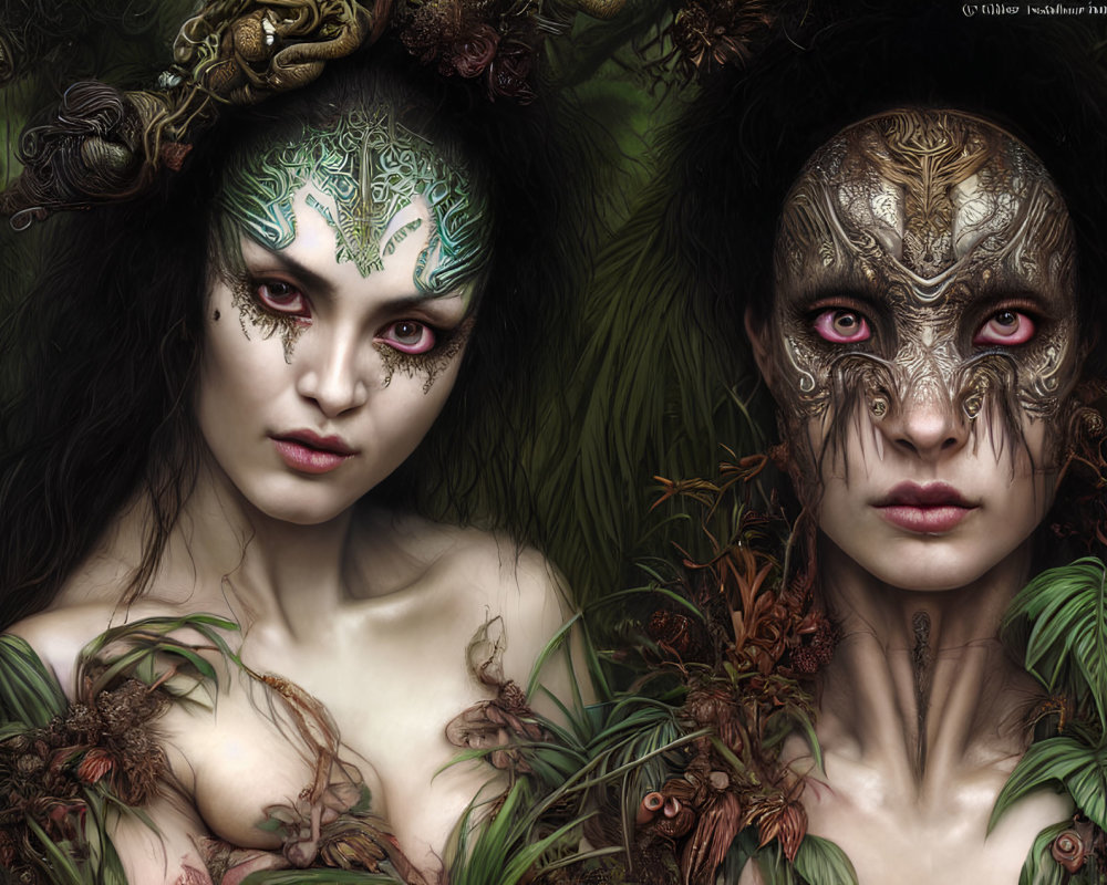 Fantasy figures with intricate face paint and natural decorations.