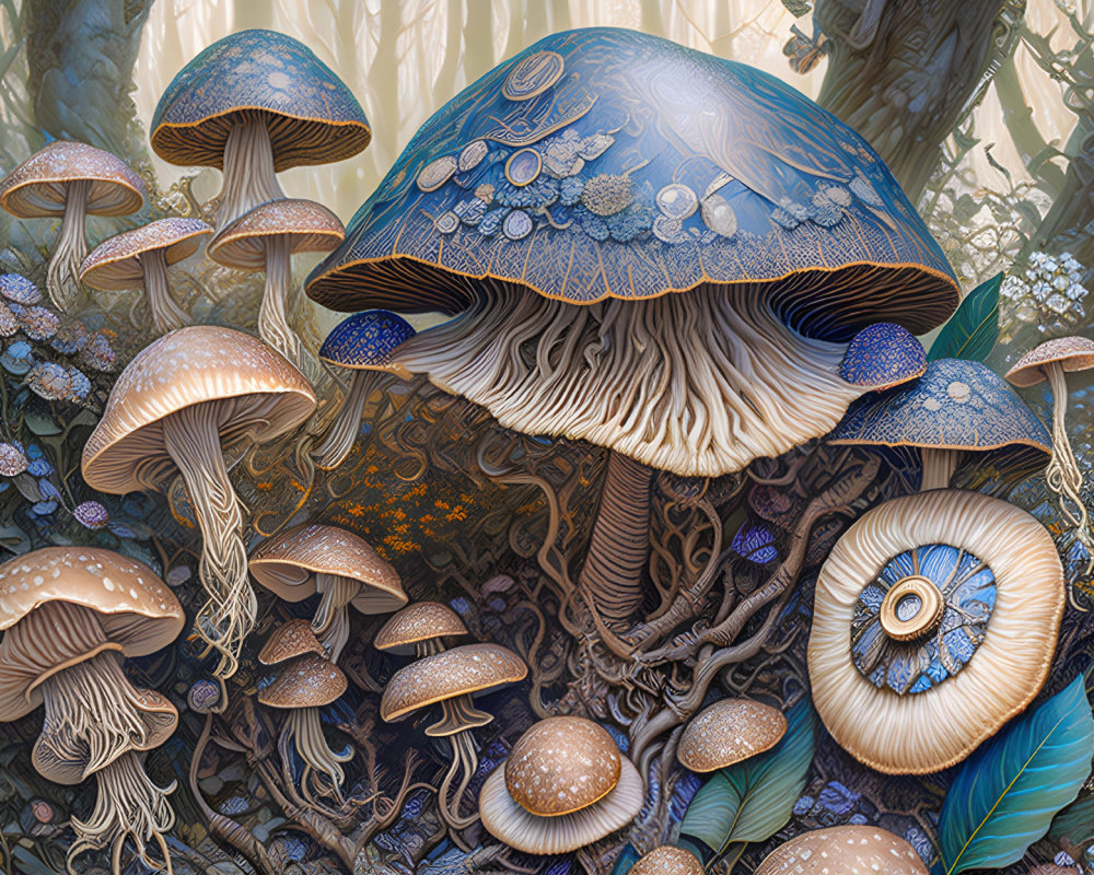Detailed digital art of fantastical eye-patterned mushrooms in mystical forest
