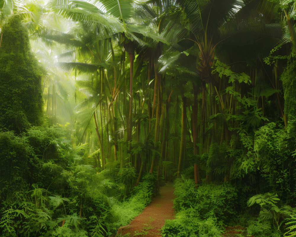 Tranquil tropical rainforest with lush greenery and sunlight beams