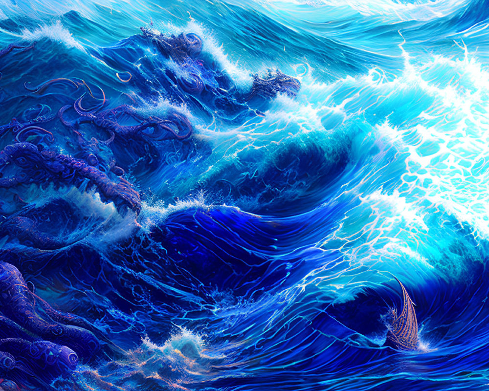 Detailed digital artwork of blue ocean waves with sea creatures.