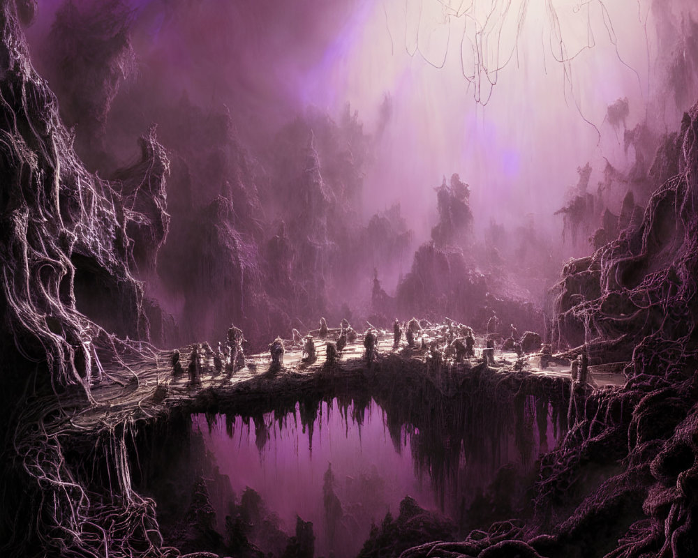 Mystical underground landscape with glowing purple hue and illuminated village surrounded by gnarled tree roots