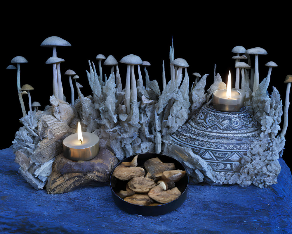 Tranquil mushroom and candle arrangement on blue background