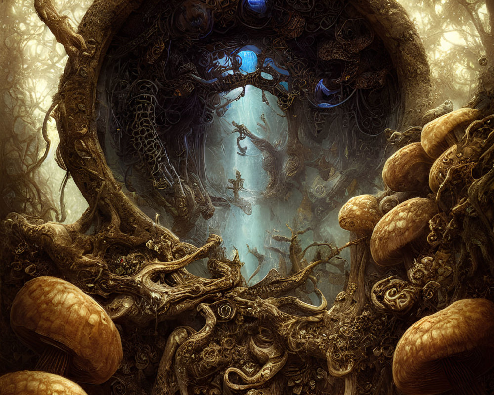 Circular portal framed by roots & fungi, underwater scene with jellyfish & otherworldly architecture.