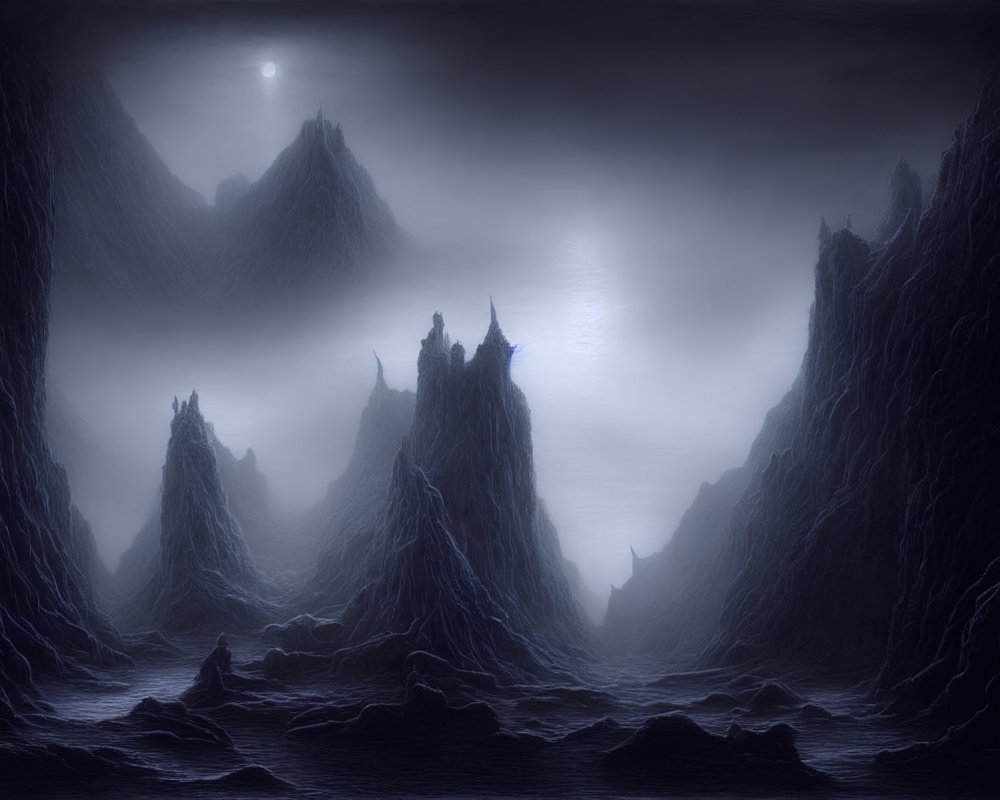 Moonlit mystic seascape with jagged peaks in starry night sky