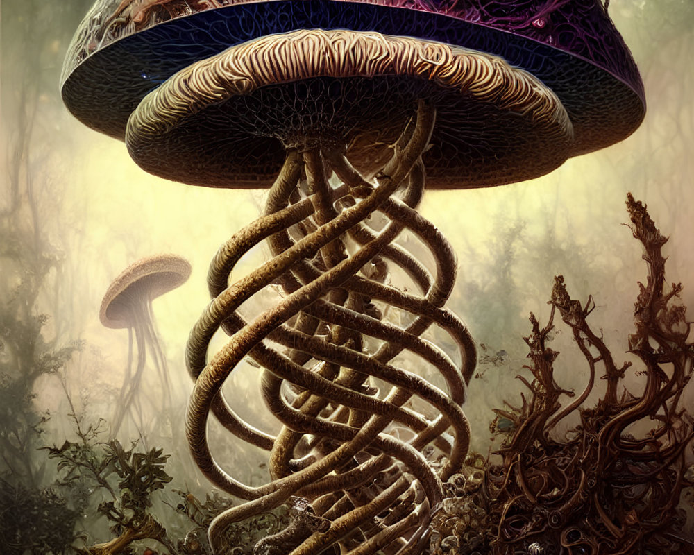 Patterned cap and spiral stem mushroom in misty forest with twisted undergrowth