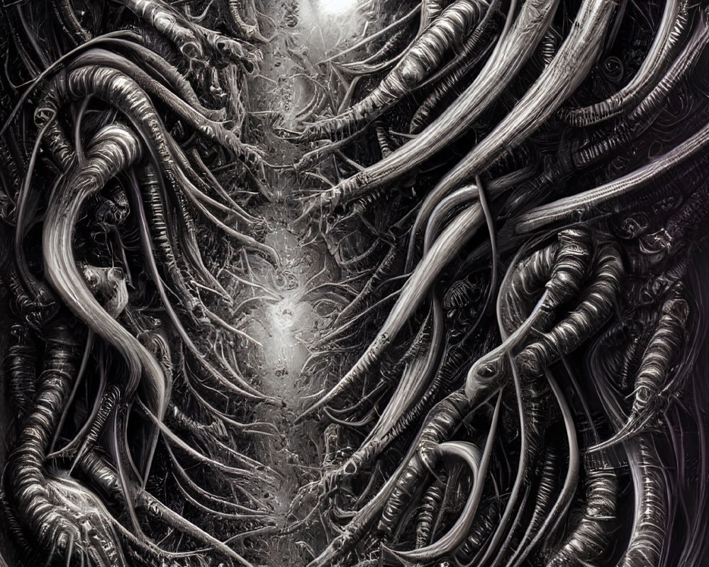 Detailed Black and White Artwork: Biomechanical Tubes and Organic Textures in Sci-Fi Environment