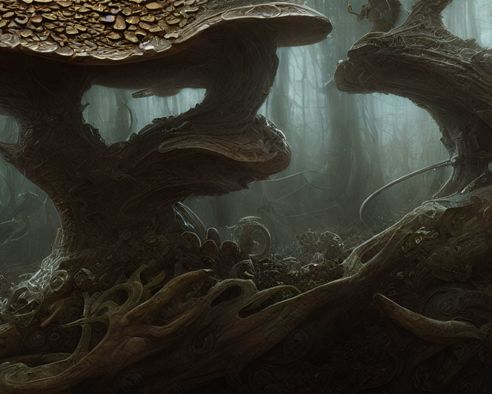 Twisted tree trunks and mushroom-like growths in a dark forest