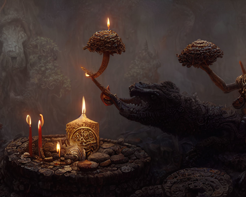Mystical crocodile, candles, statue, ruins in foggy setting