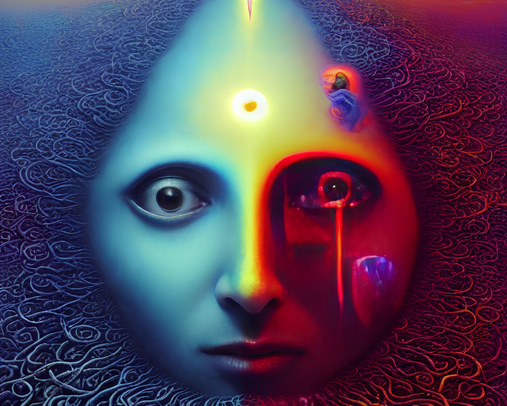 Vibrant surreal face art with cosmic and abstract elements