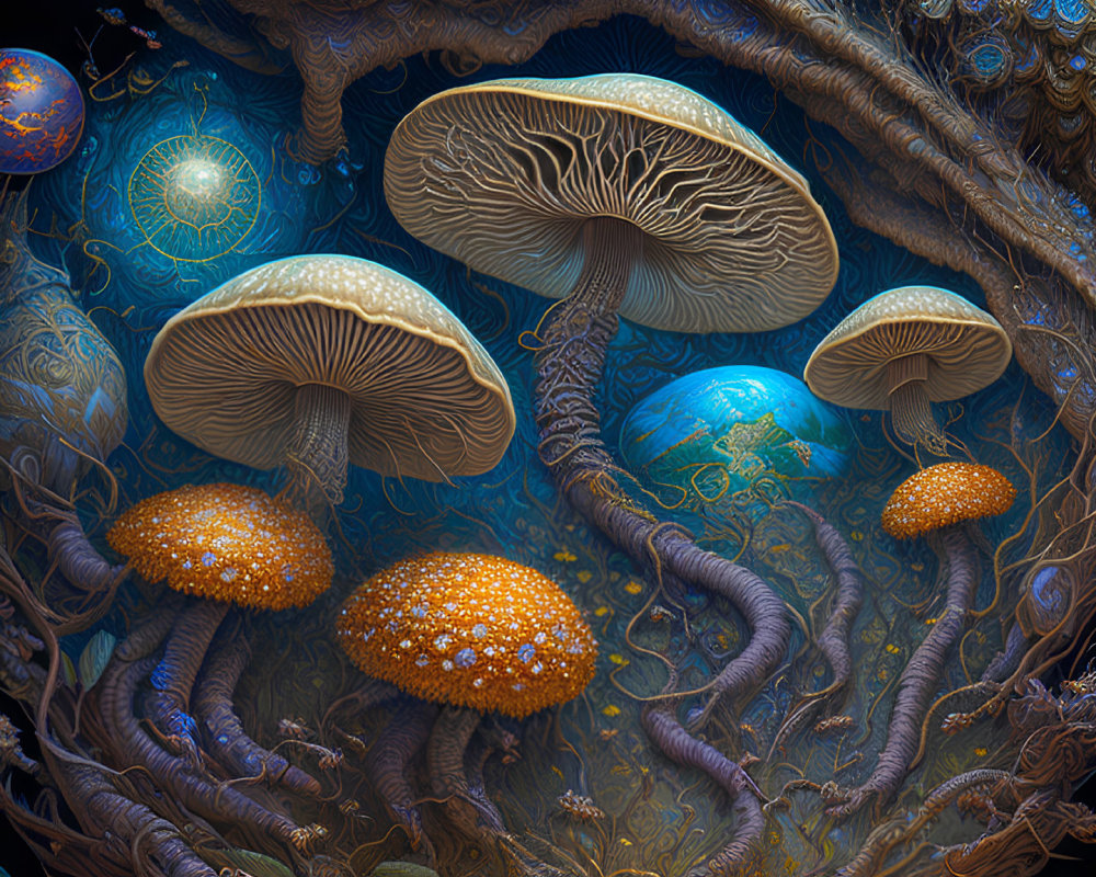 Detailed Fantasy Digital Artwork: Mushrooms, Twisted Roots, Ethereal Spheres