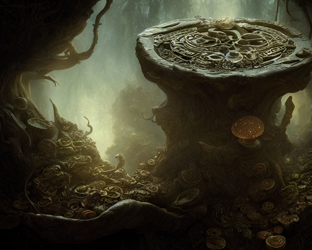 Mystical forest scene with glowing stone pedestal and treasures