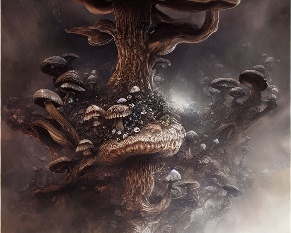 Tall tree with mushroom cap in foggy forest with humanoid figure