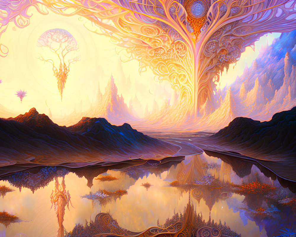 Fantasy landscape with reflective water, intricate trees, floating islands