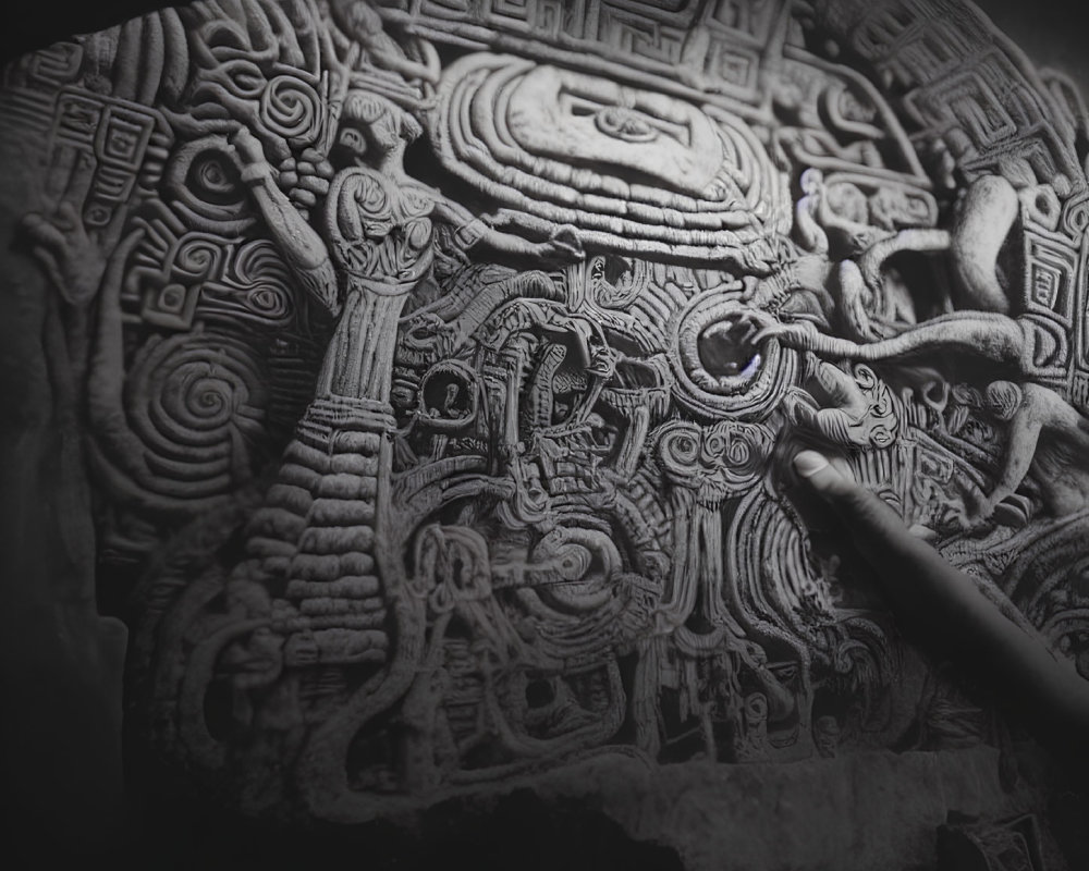 Detailed Black and White Photo of Intricate Ancient Mesoamerican Artifact