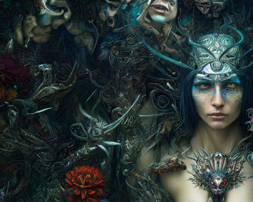 Blue-skinned mystical woman with ornate headgear in intricate botanical and mechanical setting.