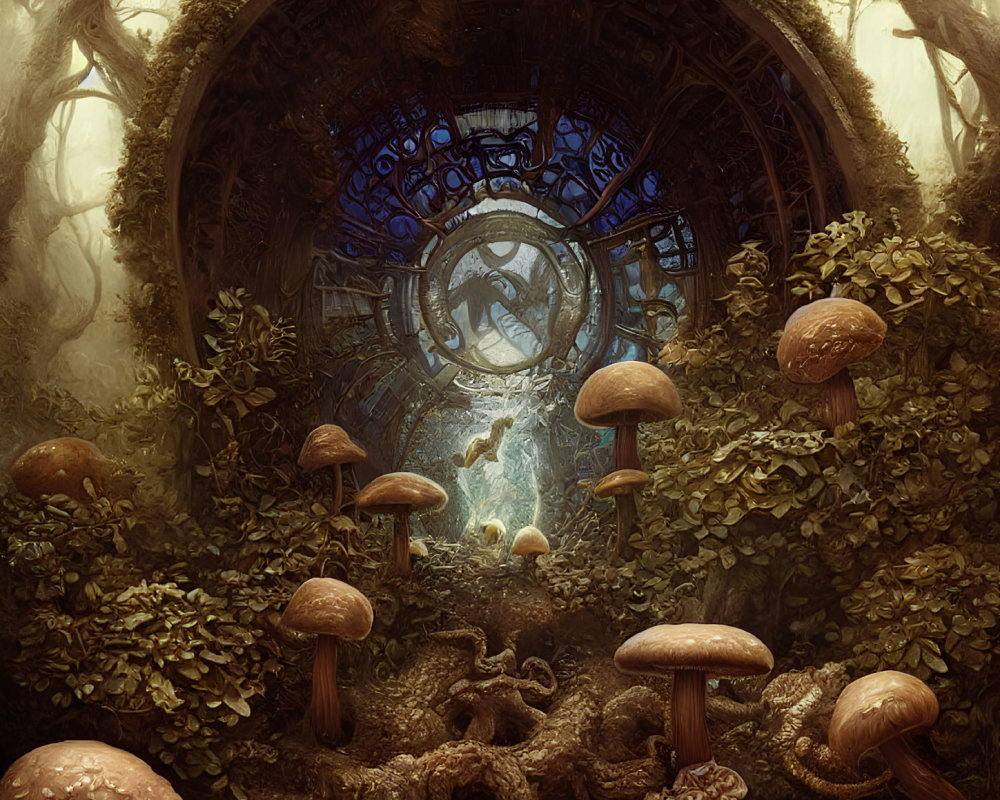 Enchanting forest scene with large mushrooms and circular gateway to mysterious mechanical structure