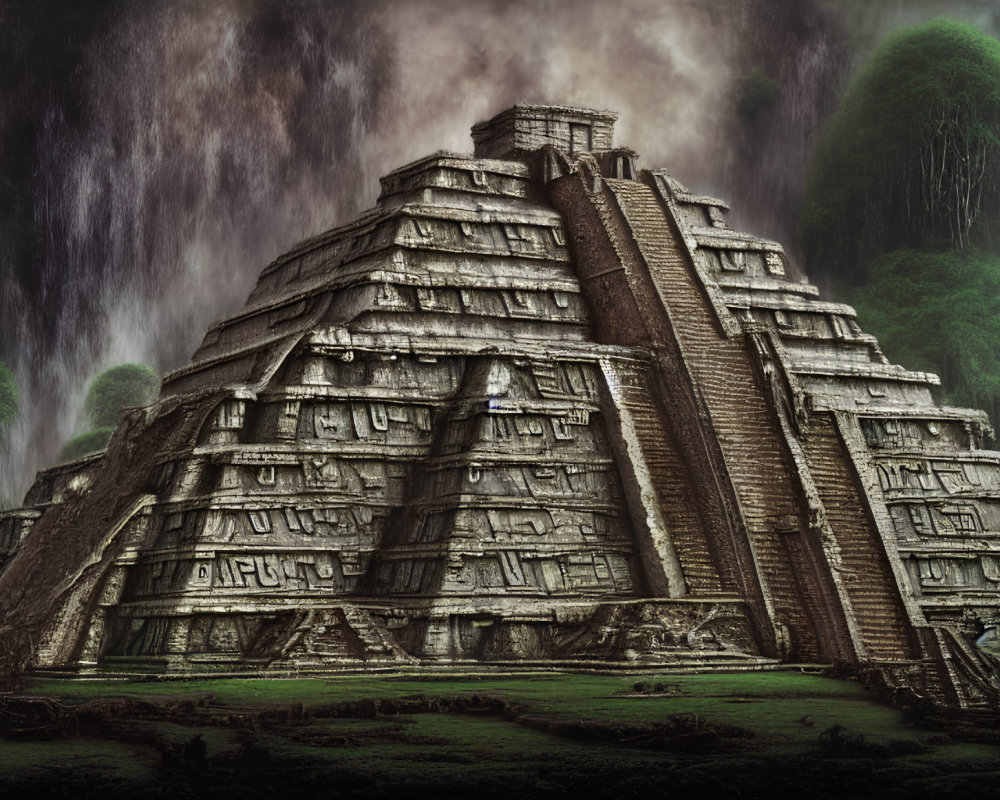 Ancient Mesoamerican Pyramid in Misty Jungle Landscape