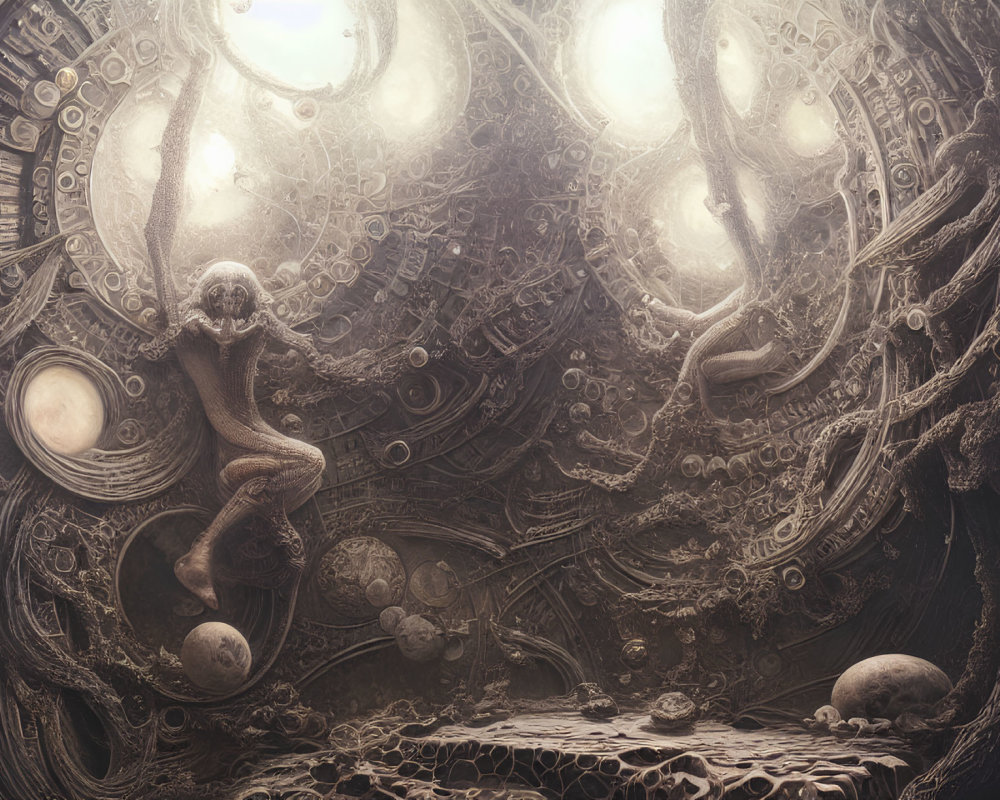 Intricate surreal space with humanoid figure